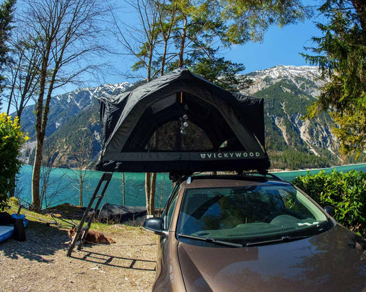 Aufblasbares Luft-Klappzelt BAOBAB AIR 135 grau mit Vorzelt und Thermoinnenzelt
